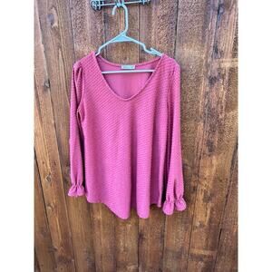 Reb & J Pink Swiss Dot Blouse V-Neck Long Sleeve Ruffle Cuff Medium EUC